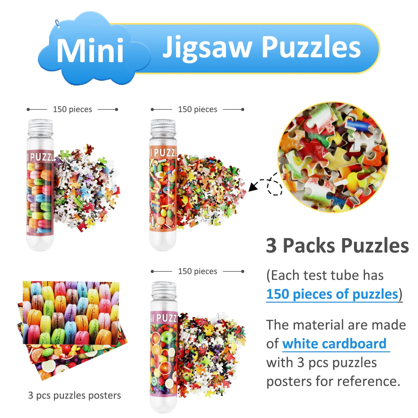 Small Jigsaw Puzzles Mini Size Colorful Candy Fruits Macaron 150 Pieces Puzzles for Adult(Pack of 3)