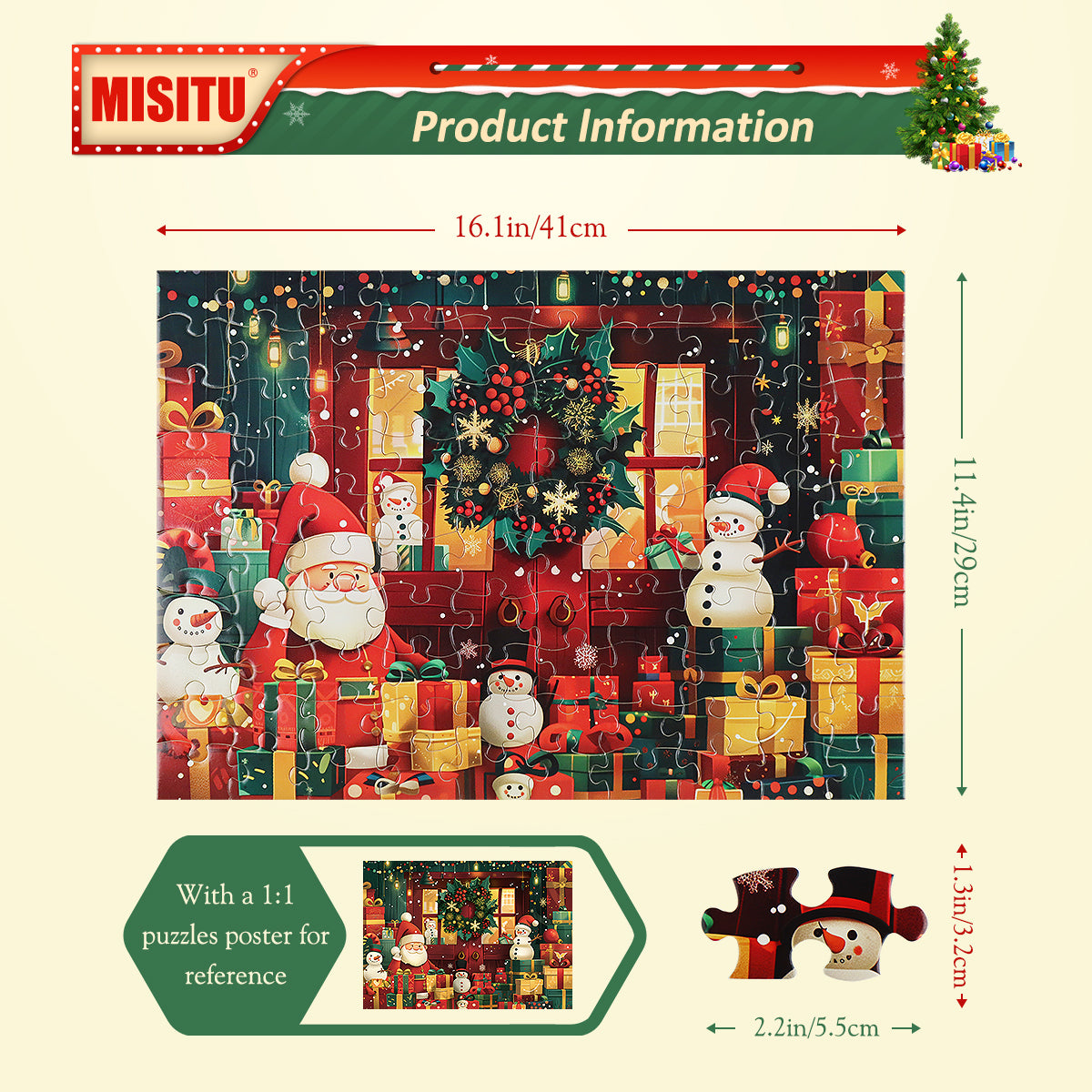 MISITU Jigsaw Puzzles 100 Pieces for Christmas - Santa and Snowmen