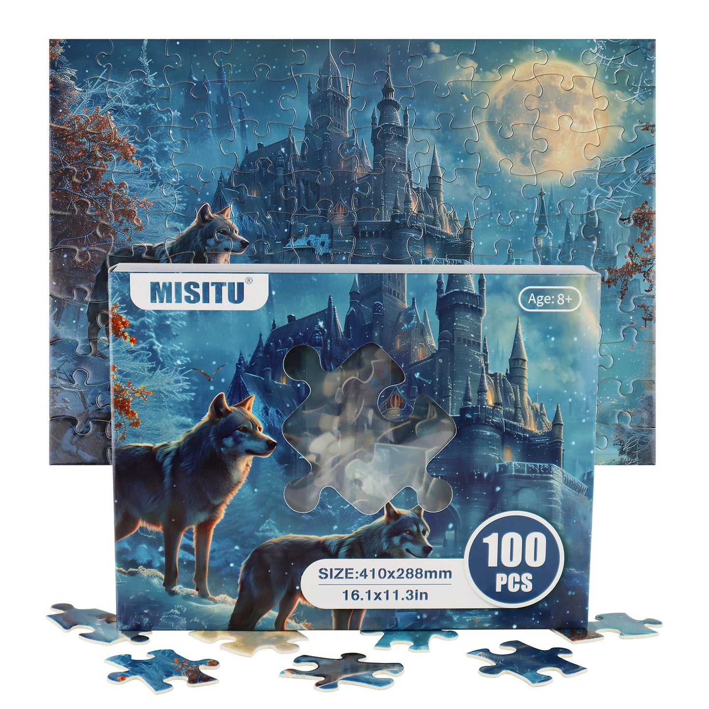 MISITU Jigsaw Puzzles 100 Pieces - Wolves, Moonlight and Castle - Puzzle for Children and Adults